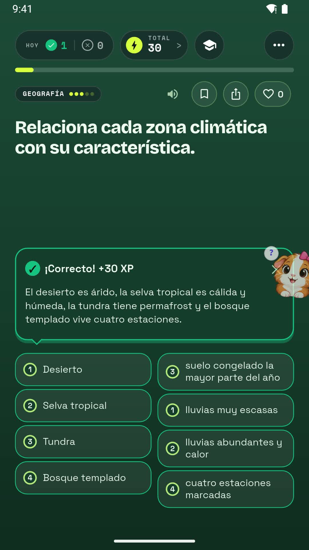 Pregunta de geografía para relacionar zonas climáticas con sus características