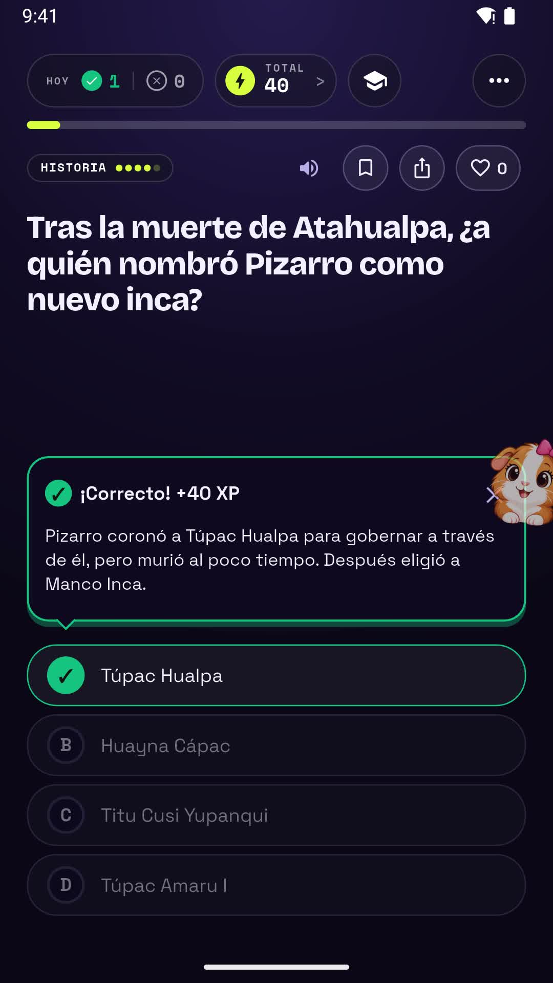 Pregunta de historia respondida: ¡Correcto! +40 XP, con la explicación