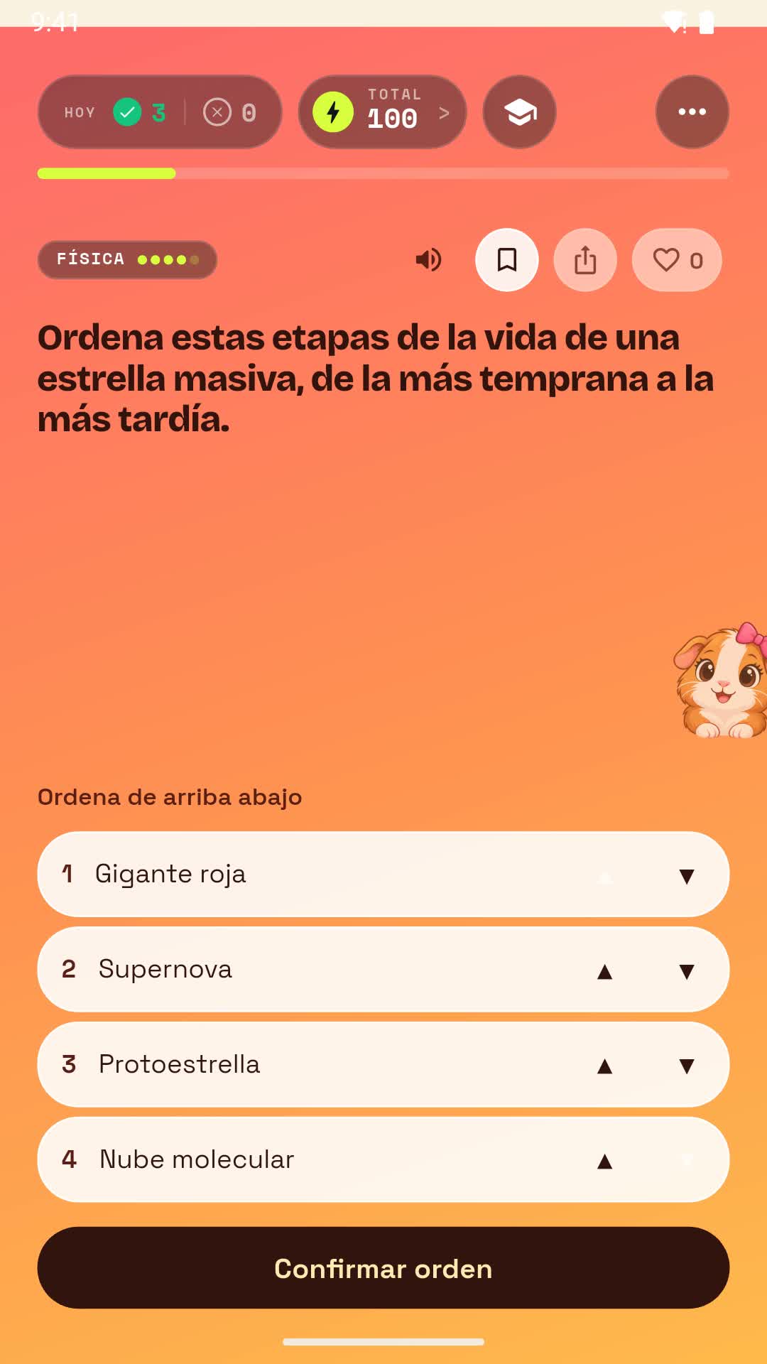 Pregunta de física para ordenar las etapas de la vida de una estrella